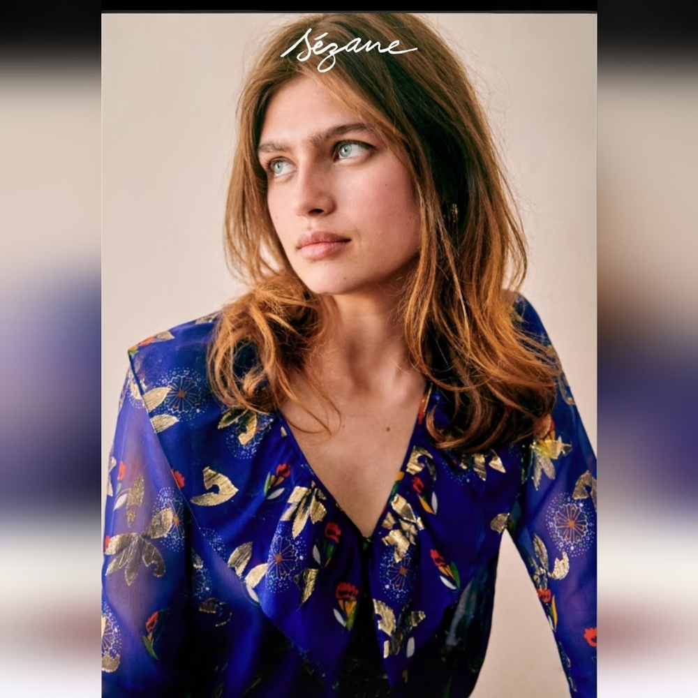 SÉZANE PRISCILLE Ruffle Neck Silk Electric Blue Floral Lurex Blouse 34 NWOT - Picture 4 of 14